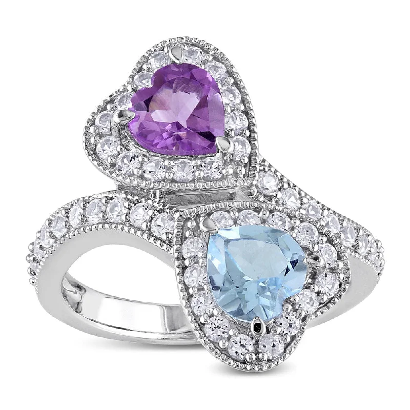 colored gemstone engagement rings -Miadora Sterling Silver 2 1/2ct TGW Multi-gemstone Double Heart Ring