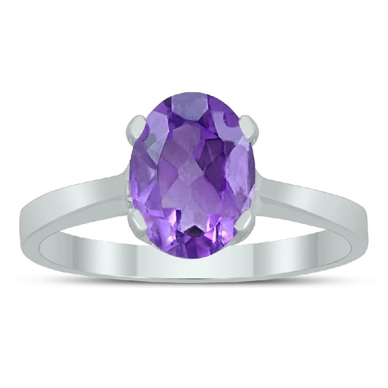 thin engagement rings -Oval Solitaire 8X6MM Amethyst Ring in 10K White Gold