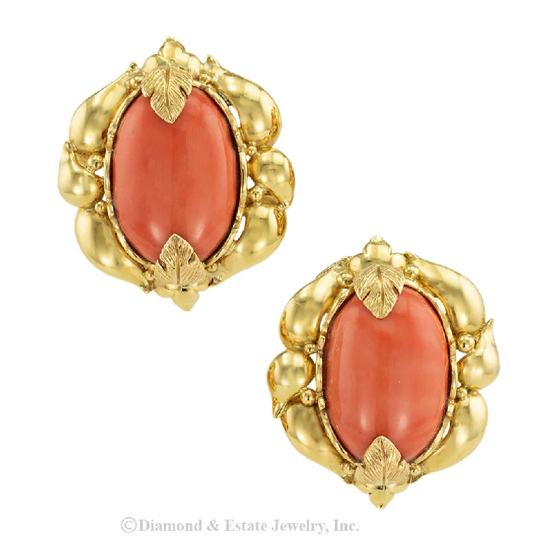 emerald earrings for women -Vintage Extra Large Coral Yellow Gold Clip On Earrings Circa 1970s