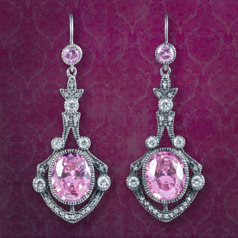 boho earrings for women -Edwardian Style Pink CZ Drop Earrings Sterling Silver