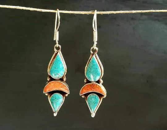 crystal earrings for women -Turquoise Tibetan Earrings