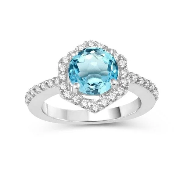 heart-shaped rings for women -Sterling Silver with Sky Blue Topaz and White Topaz Hexagon Halo Ring