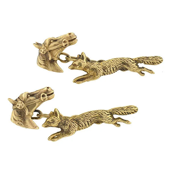 luxury gold bracelets for women -Retro 14kt Fox Hunting Horse & Fox Cufflinks