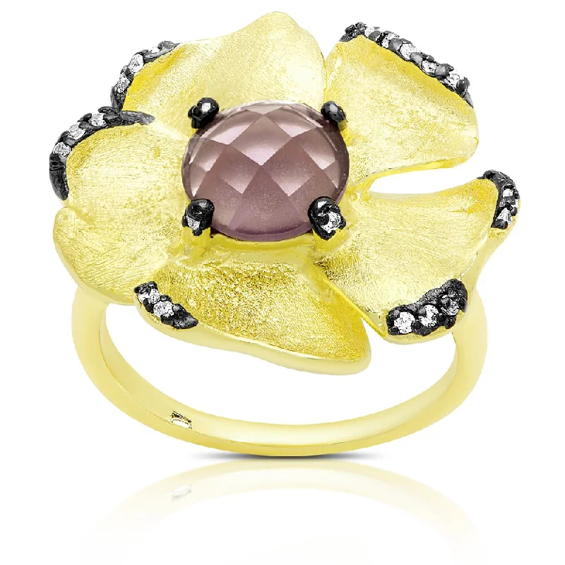 stackable rings for women -Samantha Stone Gold Over Sterling Silver Cubic Zirconia and Simulted Amethyst Flower Ring