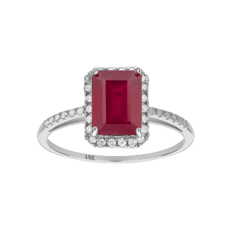 engagement rings with diamonds -Viducci 10k White Gold Genuine Emerald-cut Ruby and Diamond Halo Ring