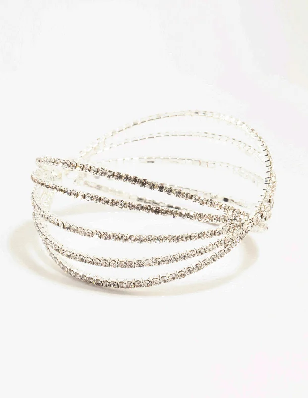 luxury bangles for women -Silver Diamante Cross Multirow Wrist Cuff