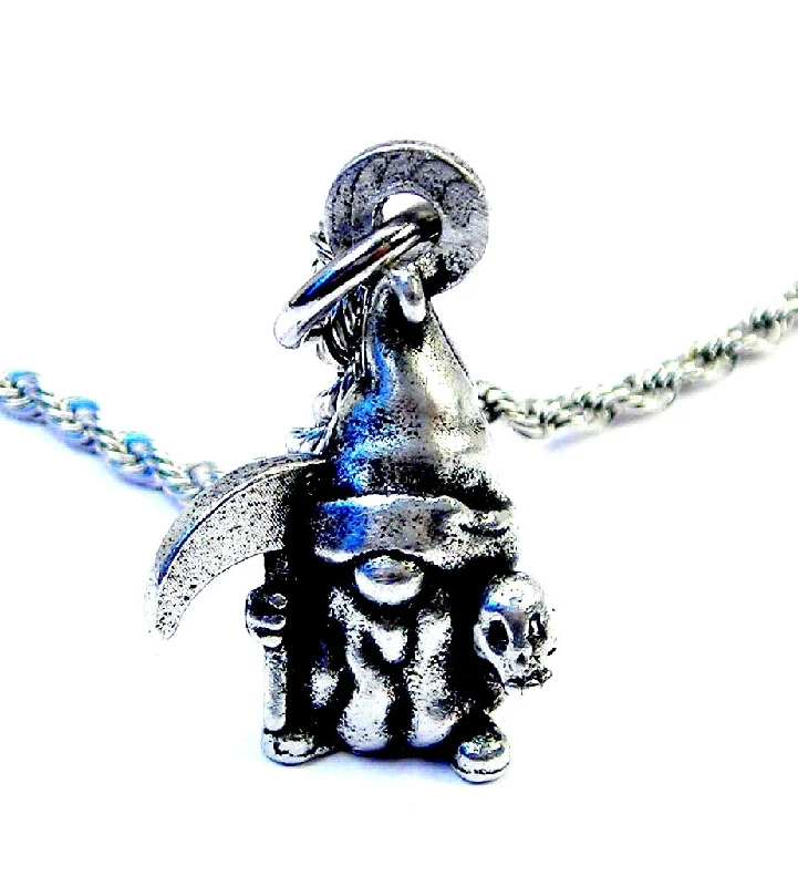 custom engraved necklaces -Gnome all ready in his Halloween costume as a Grim Reaper Single Charm Necklace