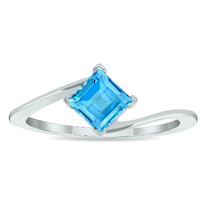 sapphire engagement rings -Women's Solitaire Blue Topaz Wave Ring in 10K White Gold