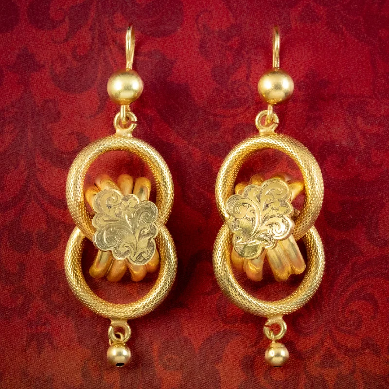 antique earrings for women -Antique Victorian Etruscan Love Knot Drop Earrings 15ct Gold