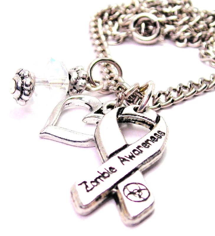 custom name necklaces for women -Zombie Awareness Ribbon Necklace with Small Heart