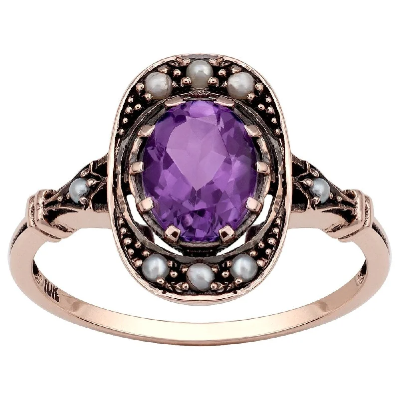 modern wedding rings for women -Viducci 10k Rose Gold Vintage Style Genuine Amethyst and Pearl Ring - Purple