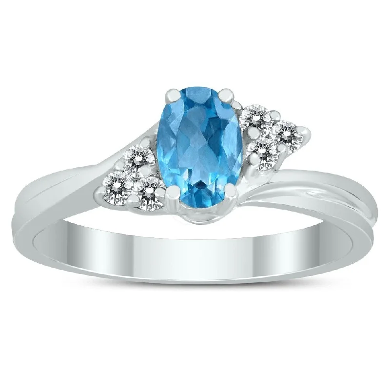 unique gemstone rings -6X4MM Blue Topaz and Diamond Twist Ring in 10K White Gold