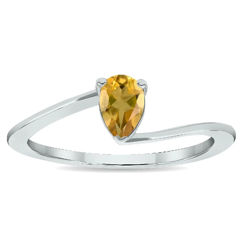 wedding set rings for women -Women's Solitaire Citrine Wave Ring in 10K White Gold