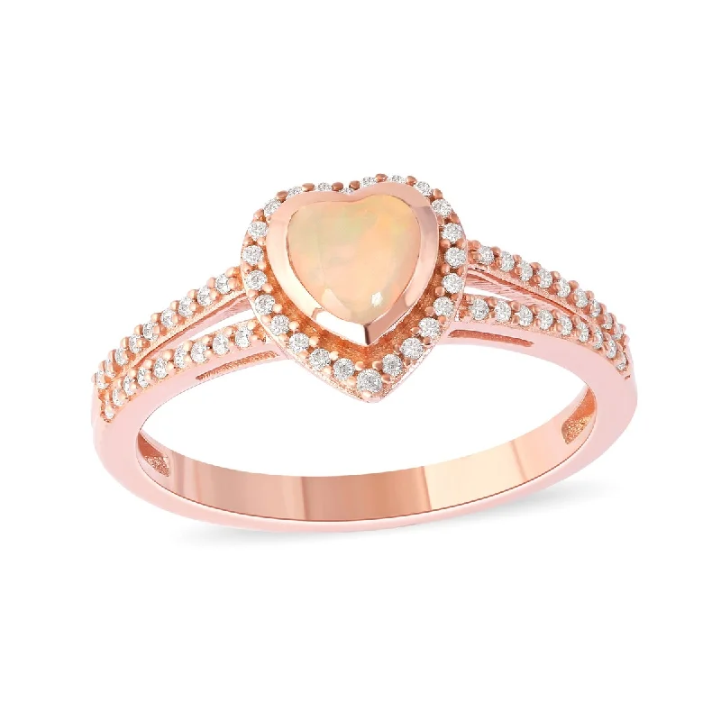 engagement rings with diamonds -Opal Gemstone 1/5ct TDW Diamond Halo Ring in 10k Rose Gold