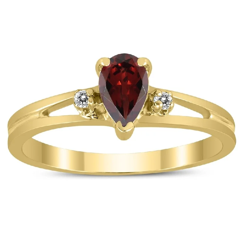 personalized rings for women -6X4MM Garnet and Diamond Pear Shaped Open Three Stone Ring in 10K Yellow Gold