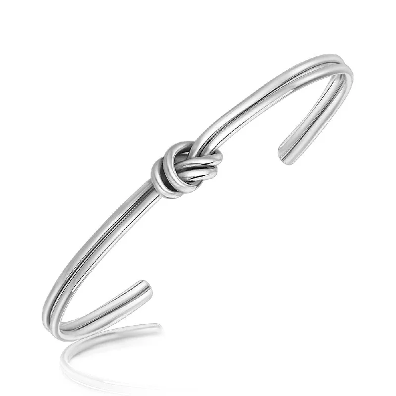 adjustable gold bracelets for women -Sterling Silver Rhodium Plated Knot Design Slim Open Cuff