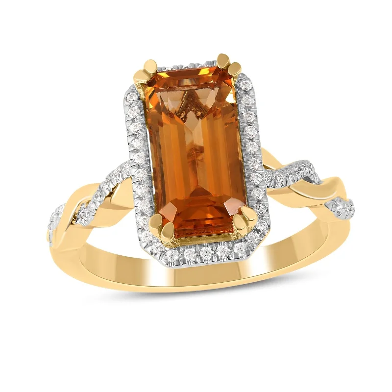 diamond rings for women -Citrine Gemstone 1/5ct TDW Diamond Halo Ring in 10k Yellow Gold by De Couer