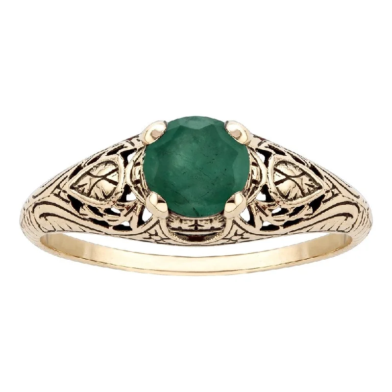 personalized wedding rings -Viducci 10k Yellow Gold Vintage Style Genuine Emerald Scroll Ring