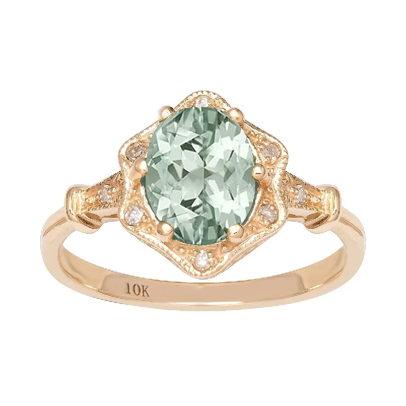 stylish rings for women -Viducci 10k Yellow Gold Vintage Style Genuine Oval Green Amethyst and Diamond Halo Ring