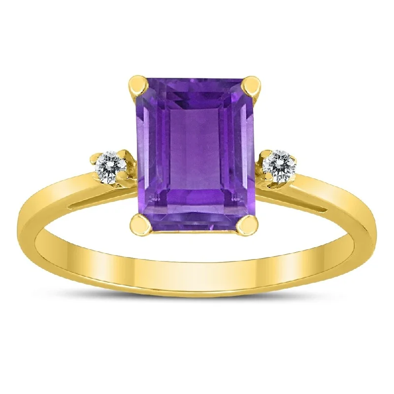 statement wedding rings for women -Emerald Cut 8X6MM Amethyst and Diamond Three Stone Ring in 10K Yellow Gold