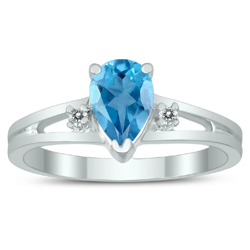 vintage rings for women -7X5MM Blue Topaz and Diamond Pear Shaped Open Three Stone Ring in 10K White Gold