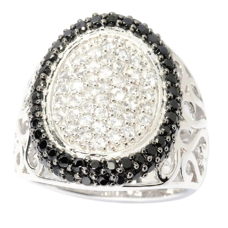 unique engagement rings for women -Sterling Silver White Topaz and Black Spinel Wide Oval Top Ring