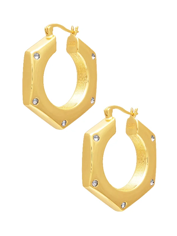 gold hoop earrings for women -Hex Nut Hollow Tube Hoop Earrings - Gold