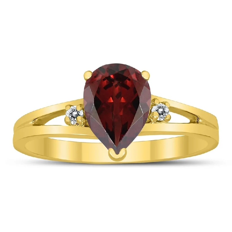 fashion promise rings -8X6MM Garnet and Diamond Pear Shaped Open Three Stone Ring in 10K Yellow Gold