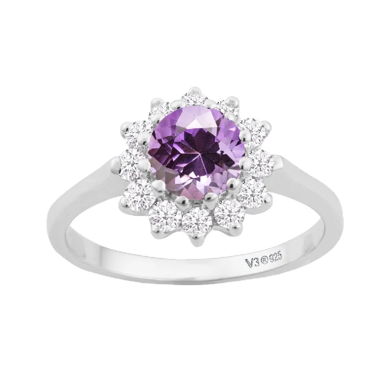 promise rings with birthstones -Sterling Silver with Natural Amethyst and White Topaz Halo Ring