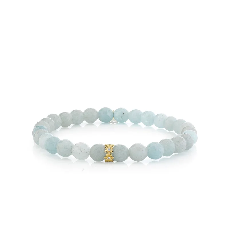 friendship bracelets for women -Gold & Diamond 6mm Tiny Daisy Rondelle on Aquamarine