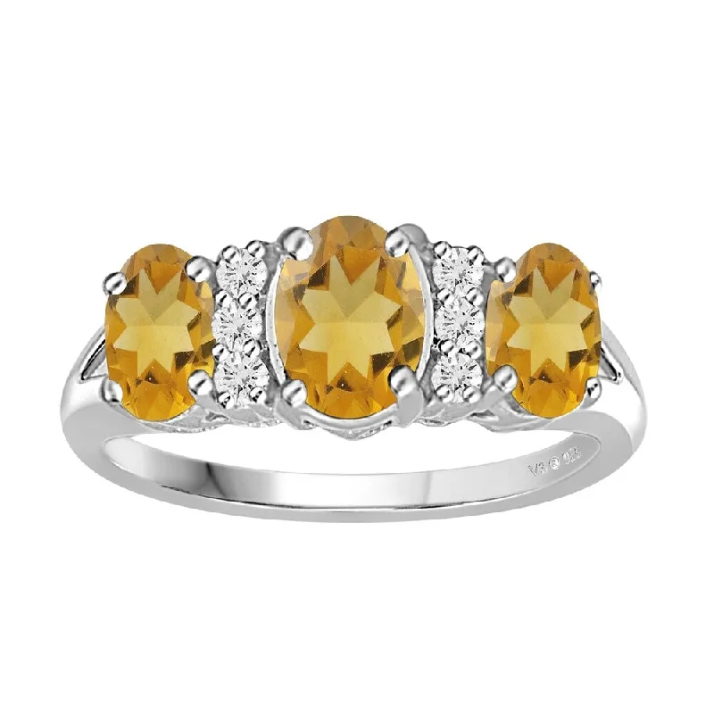 sapphire rings for women -V3 Jewelry 925 Sterling Silver with Oval Shape Natural Citrine and White Topaz Three Stone Ring for Women