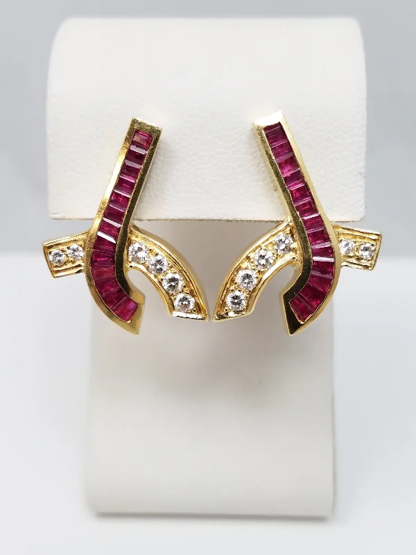 colorful earrings for women -Exquisite 18k Yellow Gold Natural Ruby Diamond Custom Earrings