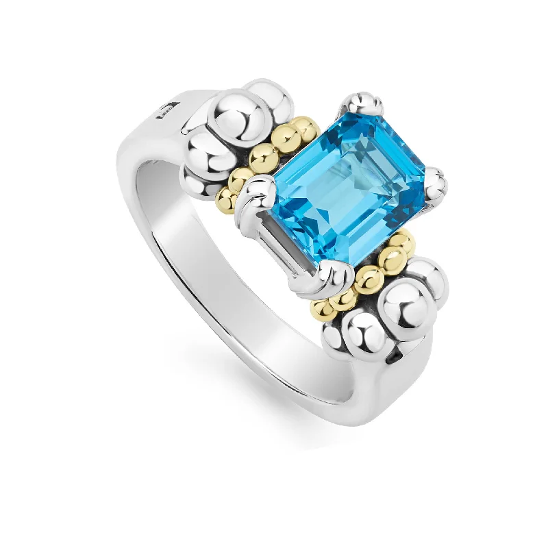 colored gemstone engagement rings -Glacier Small Emerald-Cut Swiss Blue Topaz Ring