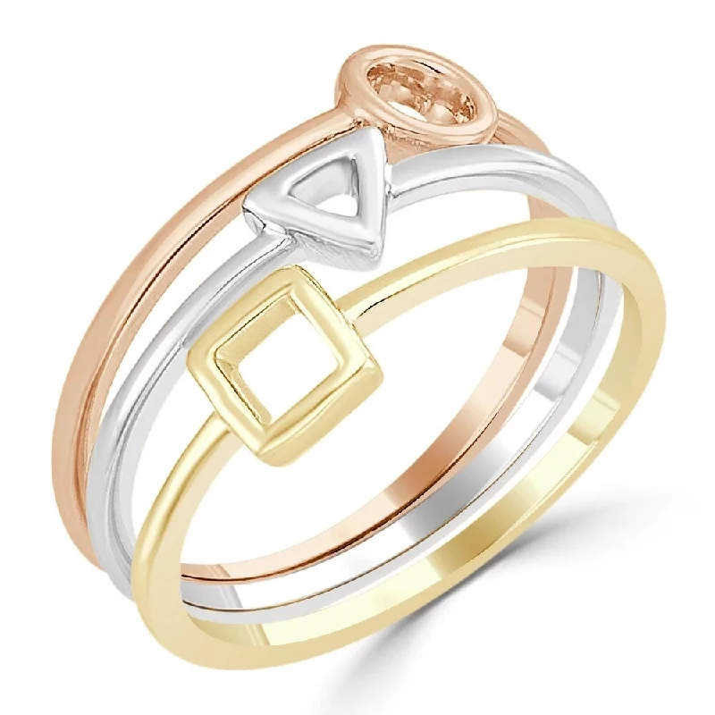 stylish rings for women -Auriya 10k Tri-Color Gold Geometric Triple Band Stacked Ring