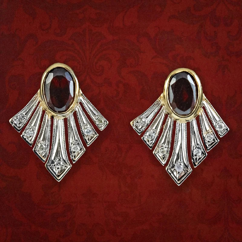 luxury hoop earrings for women -Art Deco Style Garnet Diamond Fan Earrings 9ct Gold