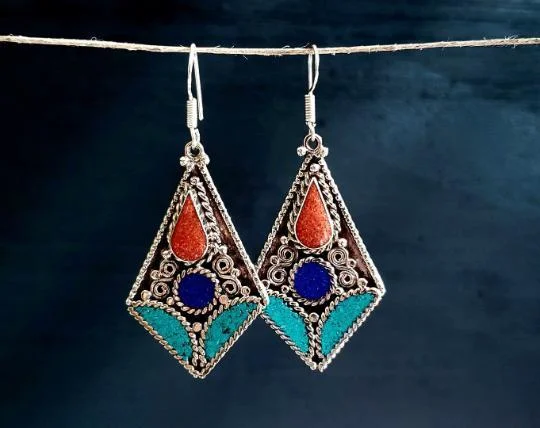 trendy earrings for women -Ethnic Tibetan Turquoise Mosaic Diamond Earrings.