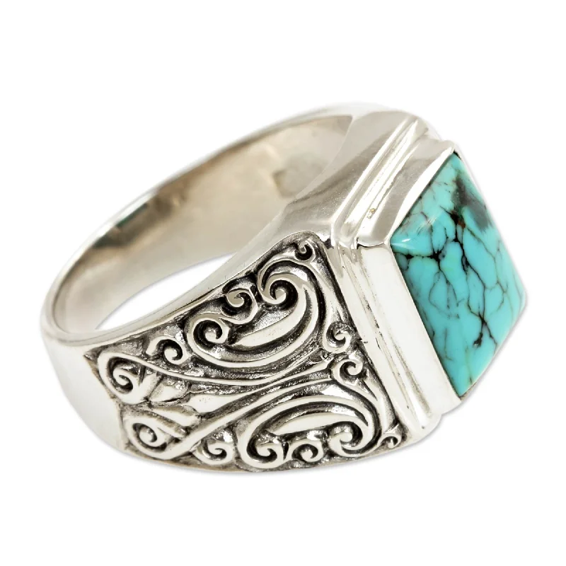 vintage rings for women -Handmade Sterling Silver Men's Sky Crown Recon Turquoise Ring (Indonesia)