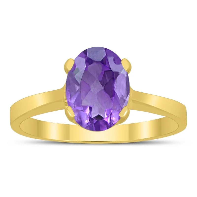 gemstone rings for women -Oval Solitaire 8X6MM Amethyst Ring in 10K Yellow Gold