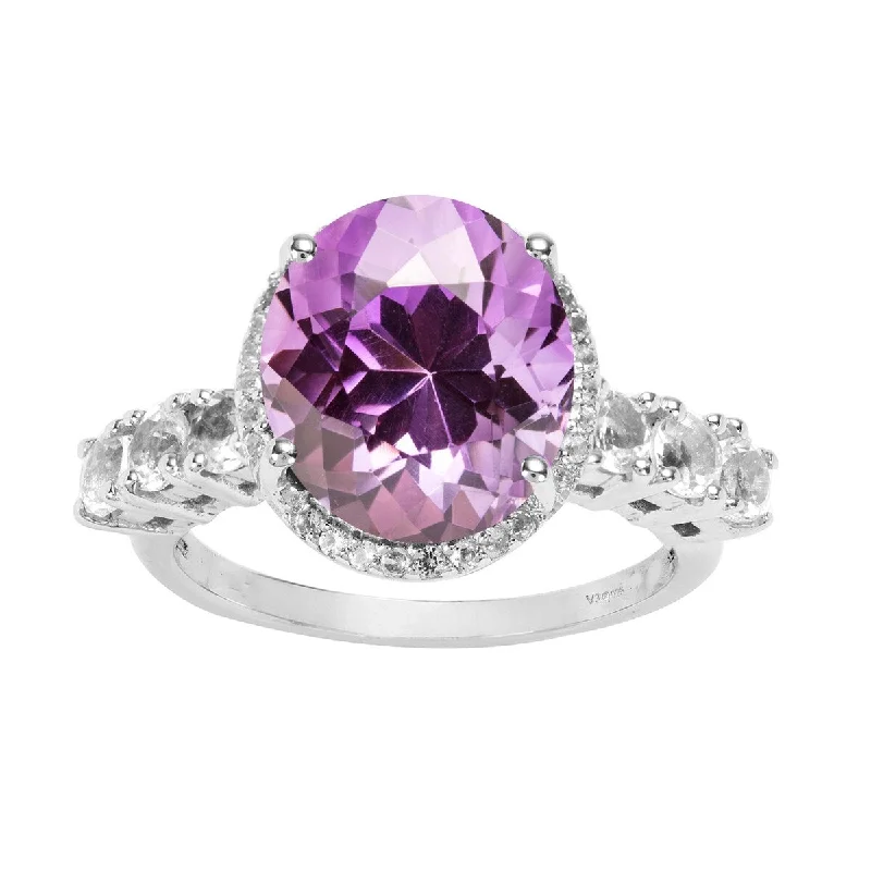 personalized wedding rings -Sterling Silver with Natural Amethyst and White Zircon Halo Ring