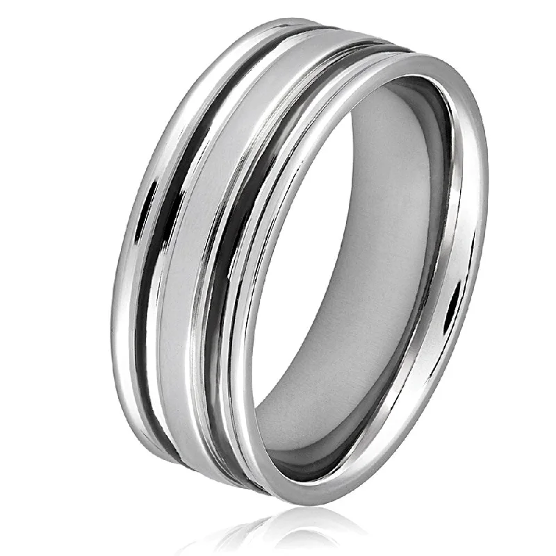 stylish rings for women -Men's Stainless Steel Black Plated Grooved Ring - White