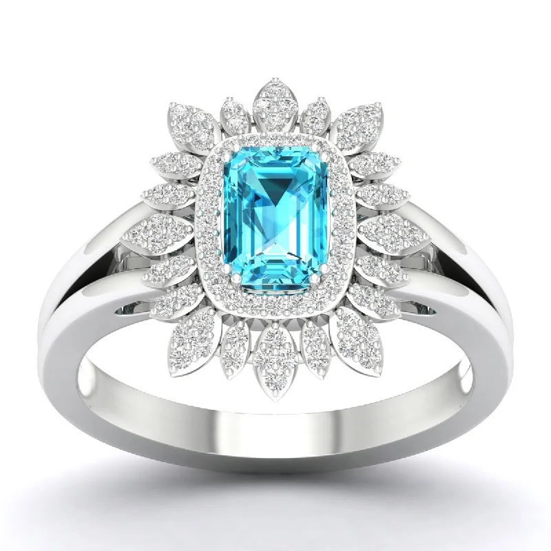 luxury rose gold rings -10K White Gold Emerald Cut London Blue Topaz Gemstone and 1/5Ct Diamond Cocktail Ring