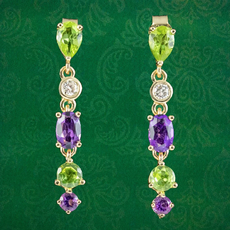 big hoop earrings for women -Edwardian Suffragette Style Drop Earrings Amethyst Peridot Diamond