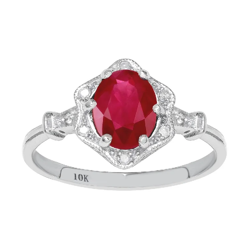 infinity rings for women -Viducci 10k White Gold Vintage Style Genuine Oval Ruby and Diamond Halo Ring