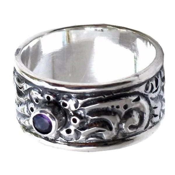 wedding bands with diamonds -Handmade Sterling Silver 'Nature' Amethyst Ring (Indonesia)