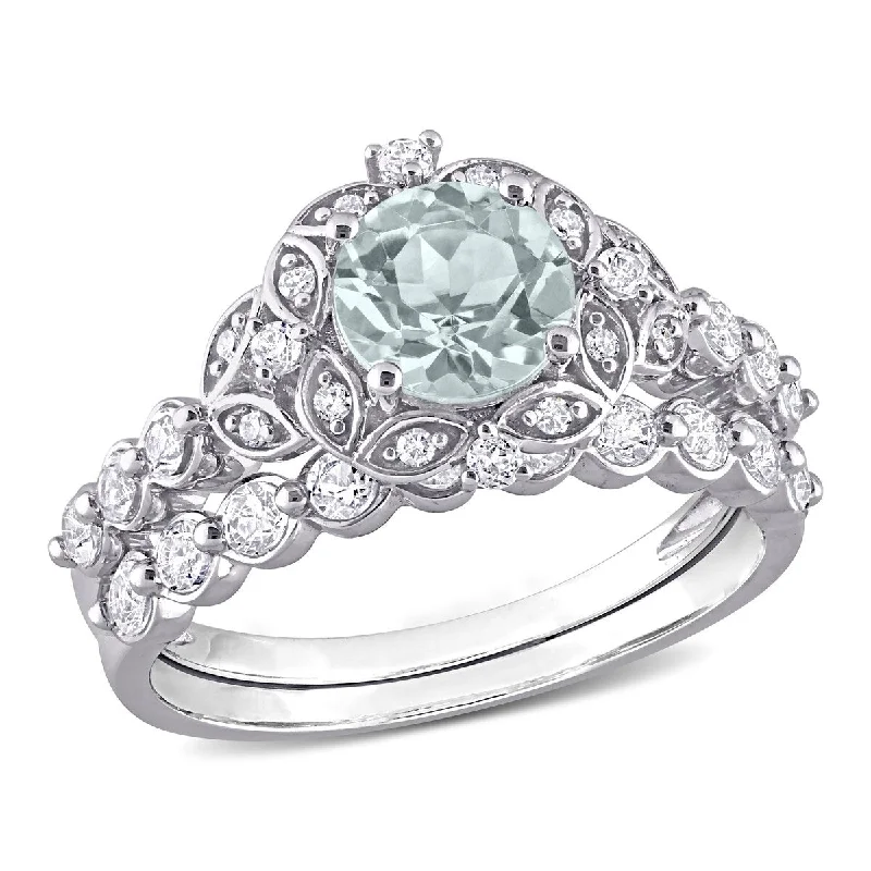 unique gemstone rings -Miadora 1 4/5ct TGW Aquamarine White Topaz Diamond Accents Vintage Bridal Ring Set in 10k White Gold