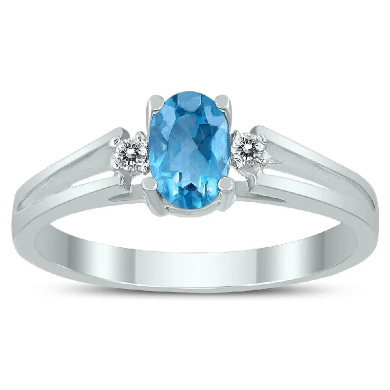 unique engagement rings for women -6X4MM Blue Topaz and Diamond Open Three Stone Ring in 10K White Gold