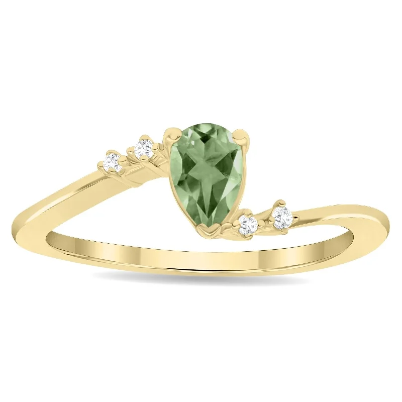 oval rings for women -Women's Pear Shaped Green Amethyst and Diamond Wave Ring in 10K Yellow Gold