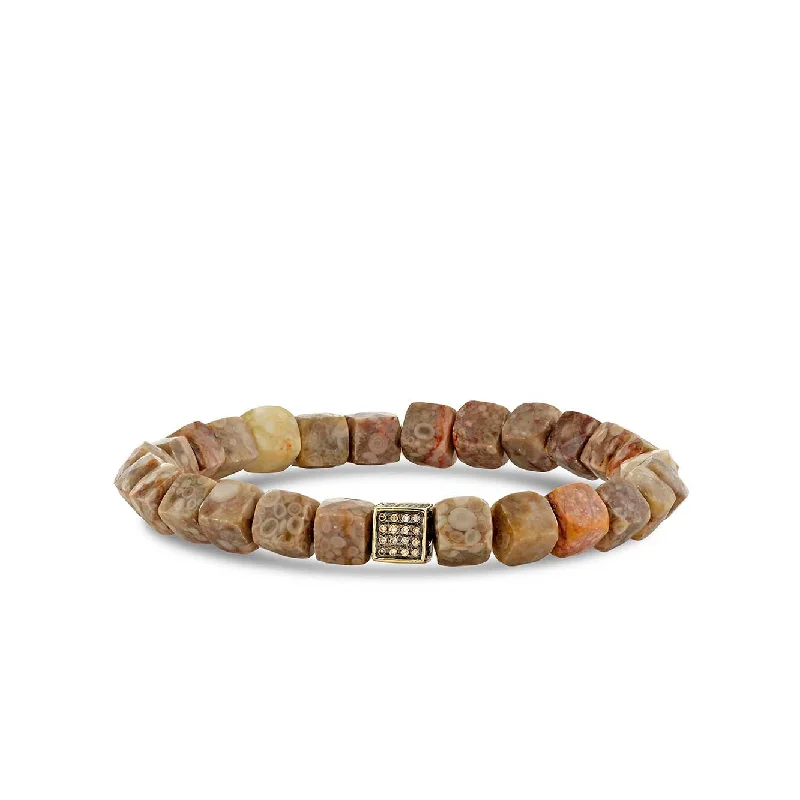 beaded charm bracelets -Gold & Brown Diamond Cube on Crinoid Fossil