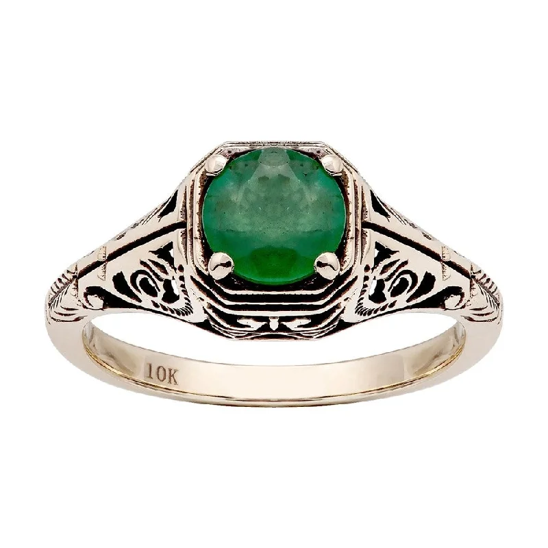 silver engagement rings -Viducci 10k Yellow Gold Vintage Style Genuine Round Emerald Filigree Ring