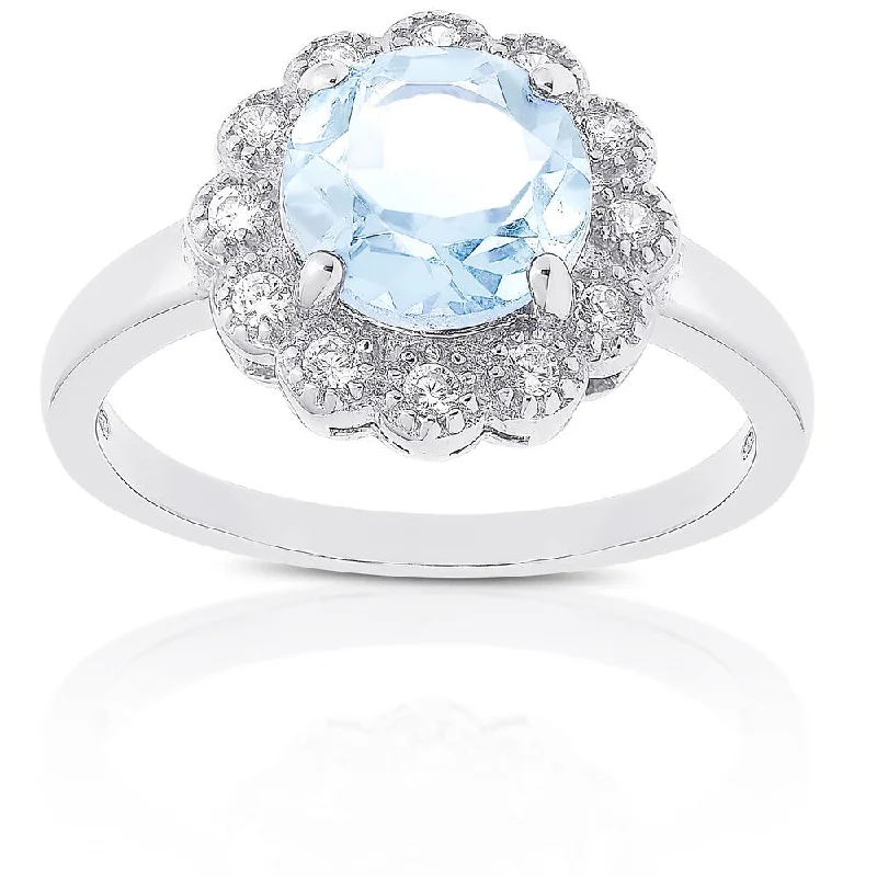 minimalist rings for women -Dolce Giavonna Sterling Silver Blue and White Topaz Flower Ring